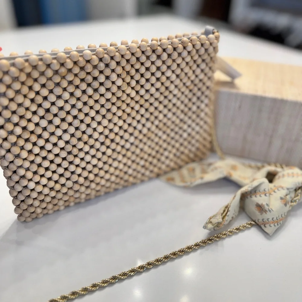 Loeffler Randall Beaded Clutch in Beige with Gold Chain